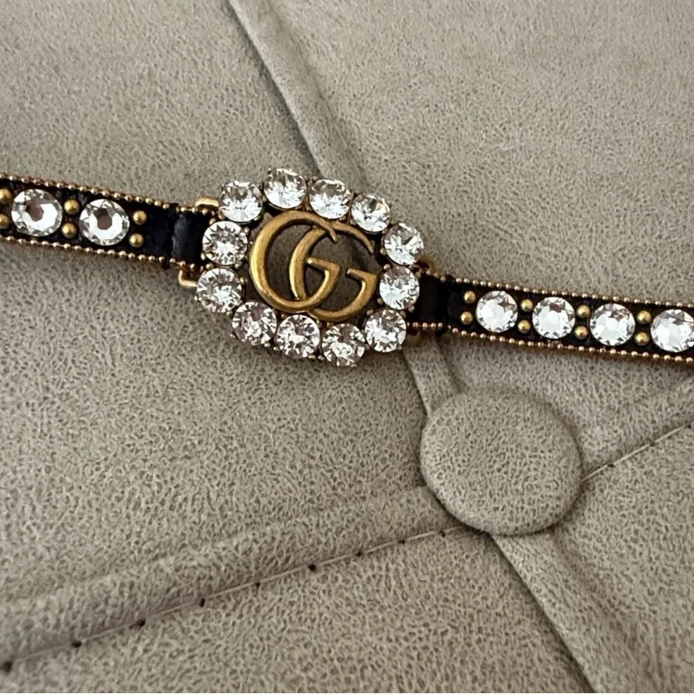 Gucci Calfskin Crystal Embellished Double G Choker Necklace Black - Picture 5 of 13